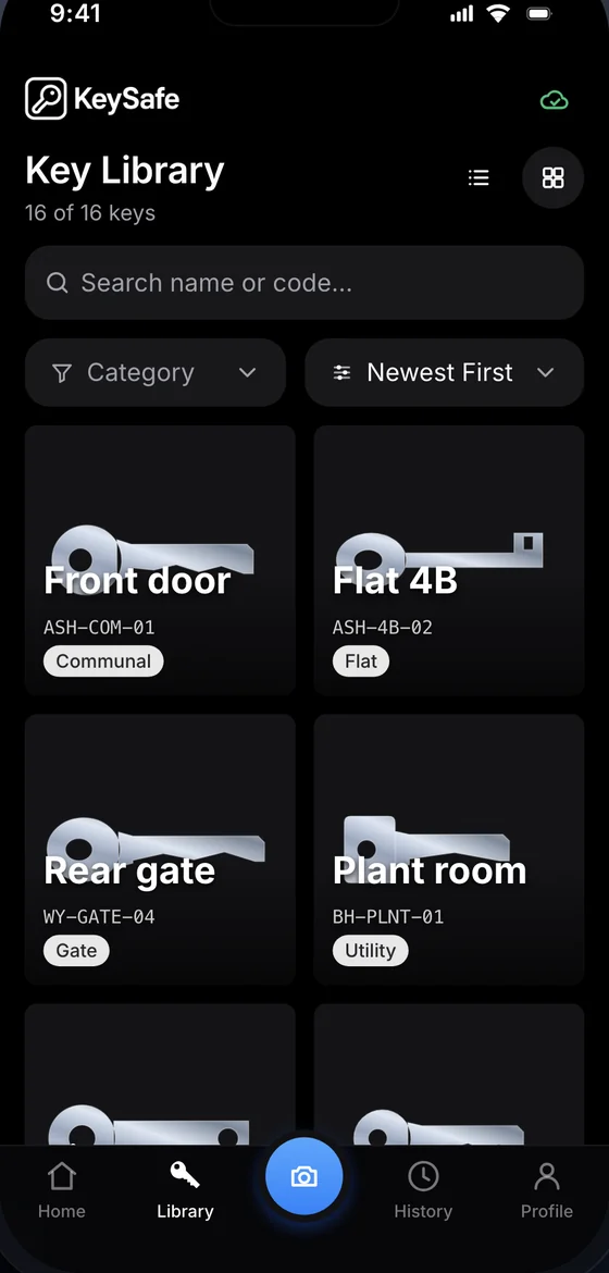 A key library of sixteen named keys, each with its code and tag.