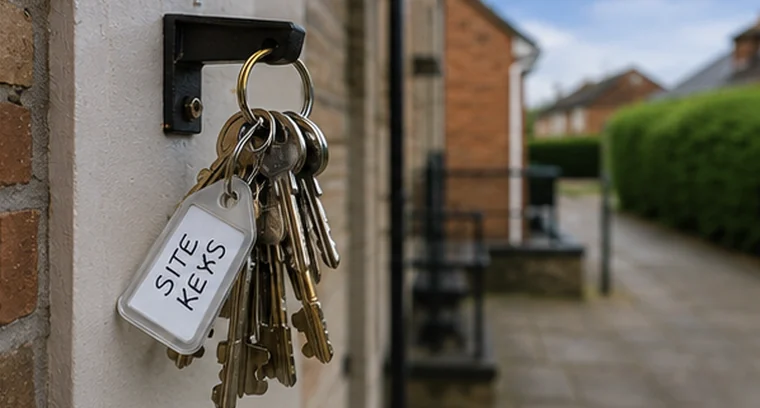A large bunch of site keys hanging by the door of a residential block.