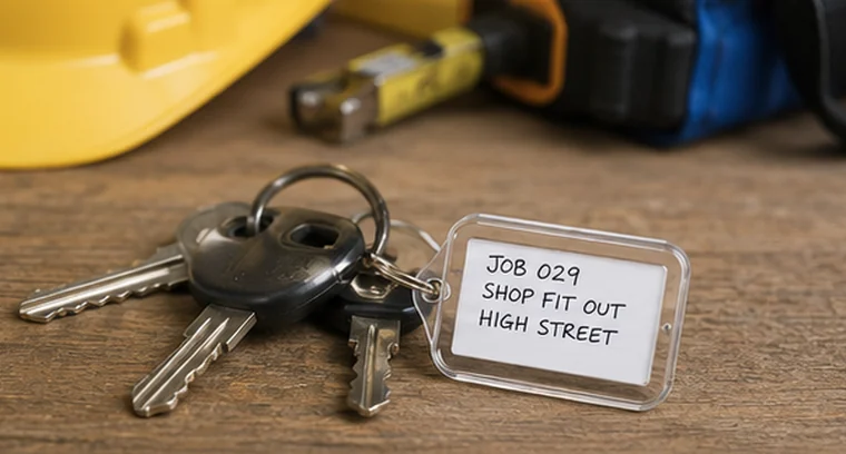 A keyring labelled for a shop fit-out job, on a bench beside a hard hat and tools.