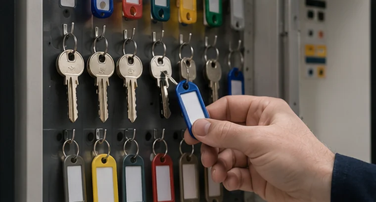 A hand lifting a tagged key from a key cabinet full of colour-tagged keys.