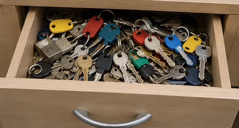 An open drawer filled with dozens of loose and tagged keys.