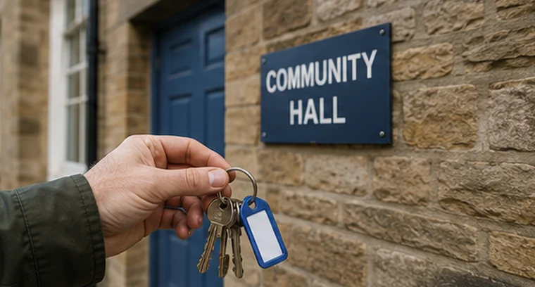 A hand holding a single tagged key outside a community hall.