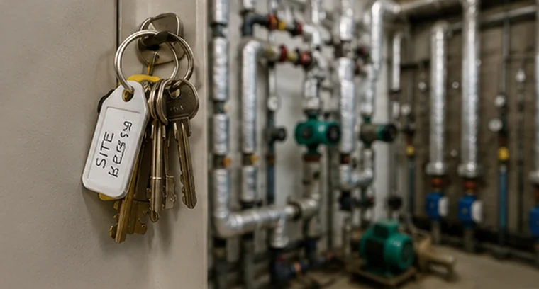 A bunch of tagged keys hanging beside the pipework of a plant room.